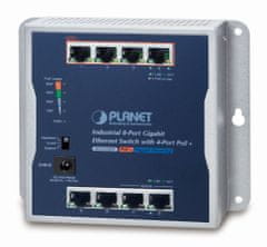 Planet průmyslový plochý switch 8x 1Gb, 4x PoE 30/60W, 48-56V, IP30, -20/60st, fanless