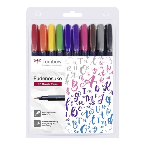 Tombow Sada štětcových fixů Fudenosuke COLOUR, tvrdost 1 (hard), 10 ks