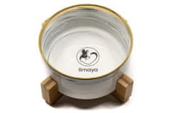limaya Limaya keramická miska pro psy a kočky žíhaná bílo šedá se zlatým okrajem s dřevěným podstavcem 13 cm