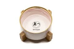 limaya Limaya keramická miska pro psy a kočky žíhaná bílo růžová se zlatým okrajem a dřevěným podstavcem 15,5 cm