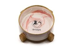 limaya Limaya keramická miska pro psy a kočky žíhaná bílo růžová se zlatým okrajem s dřevěným podstavcem 21 cm
