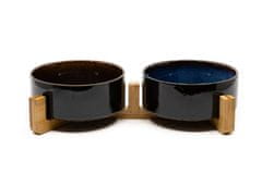 limaya Limaya keramická dvojmiska pro psy a kočky černo modrá žíhaná s dřevěným podstavcem 13 cm 
