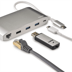 Hama USB-C hub, Multiport, 8 připojení, 3x USB-A, 2x USB-C, VGA, HDMI, LAN