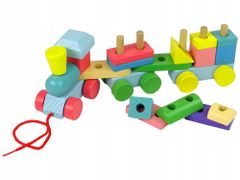 Lean-toys Dřevěné kostky Vláček Kola Vagony Figurky