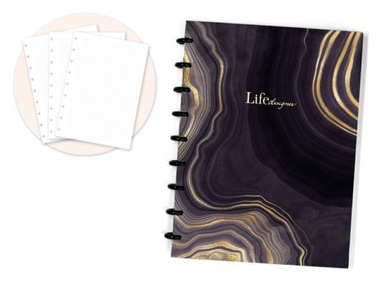 Life Designer Zápisník - Linkované, papírový ACHÁT ČERNÝ (nepoškrabatelný soft touch)