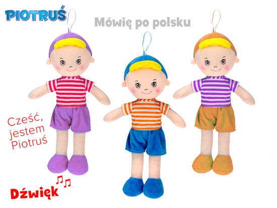 Panáček Piotrus' hadrový 32 cm na baterie polsky mluvící (modrá, fialová, oranžová)