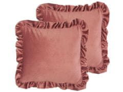 Beliani Sada 2 sametových polštářů s volánky 45 x 45 cm růžová KALANCHOE
