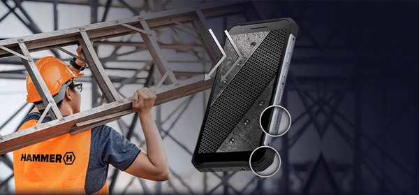 Odolný telefón myPhone Hammer Construction, odolný, vodotesný, veľká výdrž batérie, rýchle nabíjanie, čítačka odtlačkov prstov, LTE, NFC, Gorilla Glass 3 podpora eSIM Single SIM slot na microSD karty IP69 8jadrový procesor Mediatek Helio G85 odomykanie tvárou facekey vojenský štrandard odolnosti MIL-STD-810G 6palcový IPS displej FullHD+ rozlíšenie gumové nárazníky vysoká odolnosť výkonný fotoapát 16 Mpx zadná kamera umelá inteligencia OS Android 12 veľké úložisko bezdrôtové nabíjanie rýchlonabíjanie diaľkomer nástroje na stavbu IP69, vodotesný, odolný proti prachu