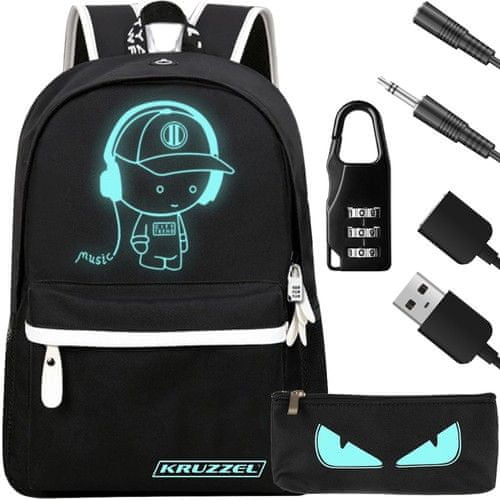 Kruzzel Chytrý svítící batoh Unisex s USB, penál, zámek, 19l, černý..