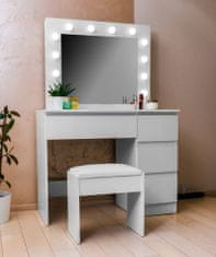Aga Toaletní stolek se zrcadlem a osvětlením + taburet Lesklý bílý