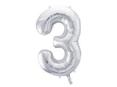 PartyDeco Fóliový balónek Číslo 3 stříbrný 86cm