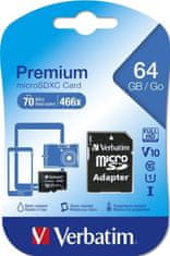 Verbatim SDXC 64GB micro paměťová karta PREMIUM UHS-I (U1) (70MB/s), V10, Class 10 + adapter