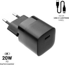 FIXED síťová nabíječka Mini s USB-C, PD, MFI, 20W, černá + USB-C - Lightning kabel, 1m, černá