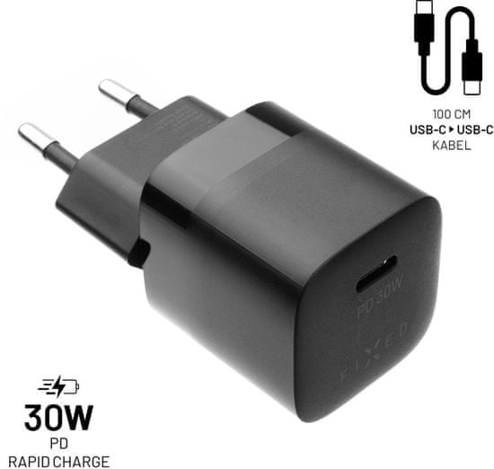 FIXED síťová nabíječka Mini s USB-C, PD, 30W, černá + USB-C - USB-C kabel, 1m, černá