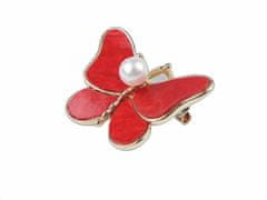 Kraftika 1ks perleť červená brož motýl, kovové a skleněné brože