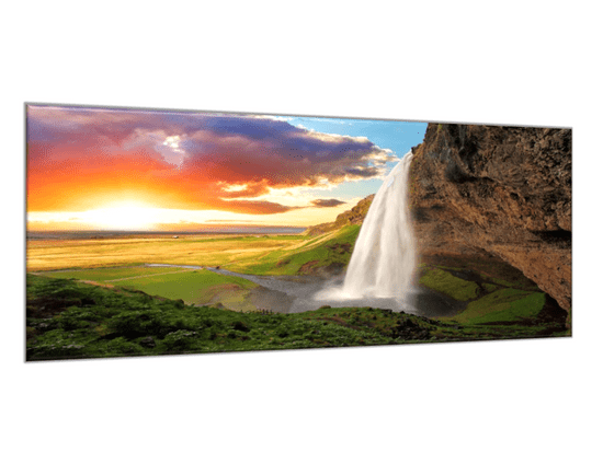 Glasdekor Obraz skleněný vodopád v horách a západ slunce