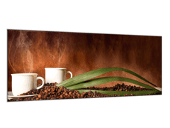 Glasdekor Obraz skleněný bílé hrníčky a rozsypaná káva - Rozměry-obdélník: 55 x 90 cm