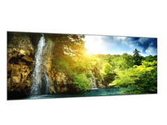 Glasdekor Obraz skleněný vodopád v lese a východ slunce - Rozměry-obdélník: 40 x 60 cm
