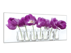 Glasdekor Obraz skleněný temně fialové tulipány v řadě sklenic - Rozměry-obdélník: 70 x 90 cm