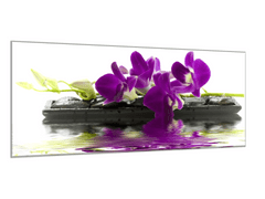 Glasdekor Obraz skleněný temný květ orchideje na kameni a hladině - Rozměry-obdélník: 80 x 90 cm