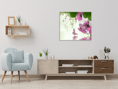 Glasdekor Obraz skleněný čtvercový fialová gerbera a motýl nad hladinou vody - Rozměry-čtverec: 40 x 40 cm