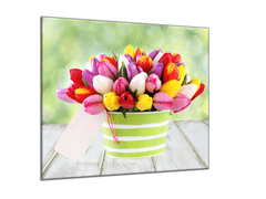 Glasdekor Obraz skleněný čtvercový kytice barevných tulipánů v květináči - Rozměry-čtverec: 65 x 65 cm