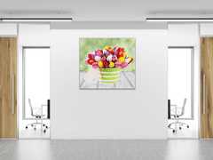 Glasdekor Obraz skleněný čtvercový kytice barevných tulipánů v květináči - Rozměry-čtverec: 65 x 65 cm