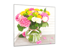 Glasdekor Obraz skleněný čtvercový kytice květů hortenzie a růže - Rozměry-čtverec: 34 x 34 cm