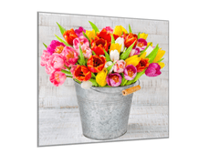 Glasdekor Obraz skleněný čtvercový kytice tulipánů v cínovém kýblu - Rozměry-čtverec: 80 x 80 cm
