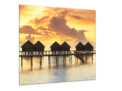Glasdekor Obraz skleněný západ slunce vodní vily - Rozměry-čtverec: 70 x 70 cm