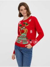 Vero Moda Červený dámský svetr s vánočním motivem VERO MODA New Frosty Deer S