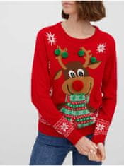 Vero Moda Červený dámský svetr s vánočním motivem VERO MODA New Frosty Deer S