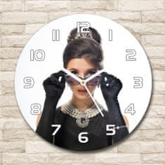 Wallmuralia Skleněné hodiny kulaté Žena v brýlích bílé fi 30 cm