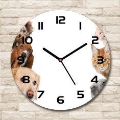 Wallmuralia Skleněné hodiny kulaté Psi a kočky černé fi 30 cm