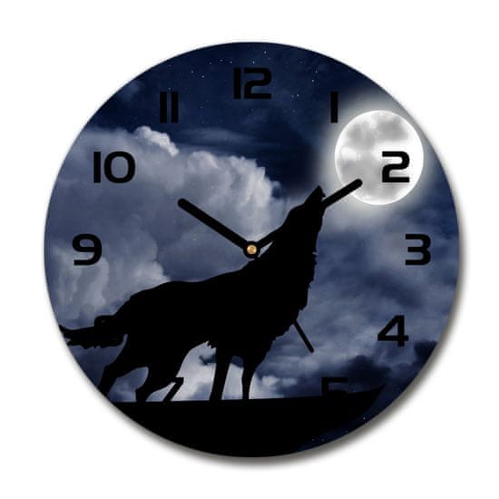 Wallmuralia Skleněné hodiny kulaté Vyjící vlk úplněk černé fi 30 cm