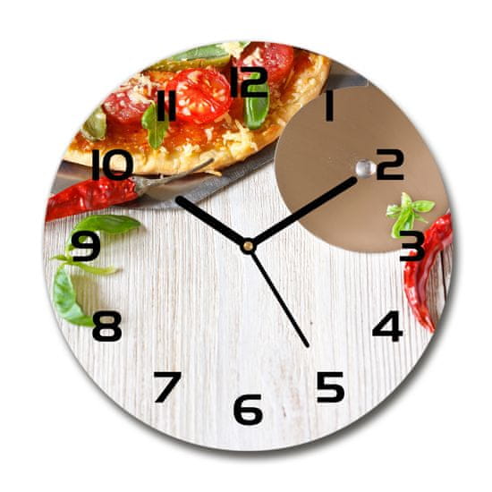 Wallmuralia Skleněné nástěnné hodiny kulaté Pizza černé fi 30 cm