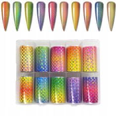 TOJATO 10x Kosmetická přenosová fólie na nehty 10cmx4cm Set, Ombre, Ryby, Mermaid, Hologram