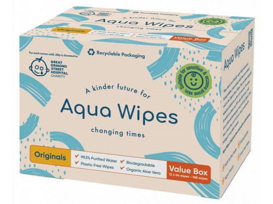 Aqua Wipes BIO Aloe VBIO Aloe Vera 100% rozložitelné ubrousky, 99% vody 12x64ks