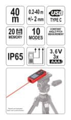 YATO Laserový měřič vzdálenosti 0.2-40M, 10 režimů