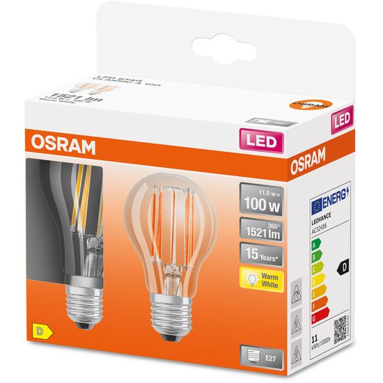 Osram 2x LED žárovka E27 A60 11W = 100W 1521lm 2700K Teplá bílá FILAMENT