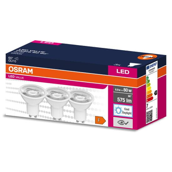 Osram 3x LED žárovka GU10 6,9W = 80W 575lm 6500K Studená bílá 60°