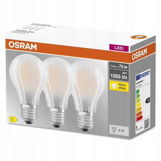 Osram 3x LED žárovka E27 A60 7,5W = 75W 1055lm 2700K Teplá bílá FILAMENT