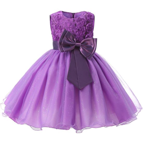 Northix Večerní šaty s mašlí a květinami - fialová