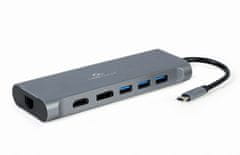 shumee GEMBIRD MULTI ADAPTÉR USB TYP-C 8 V 1 (HUB3.0 + HDMI + DISPLAYPORT + VGA + PD + ČTEČKA KARET + LAN + STEREO ZVUK), ŠEDÁ