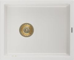 Mexen Pedro granitový dřez 1-miska 560 x 460 mm, bílá, sifon zlatá (6508561000-20-G)