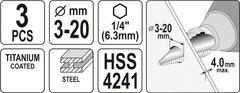 YATO Sada stupňovitých kuželových vrtáků 3-20mm