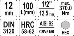 YATO Nástavec prodloužený 1/2" bit Imbus H12