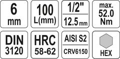 YATO Nástavec prodloužený 1/2" bit Imbus H6