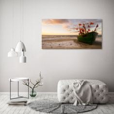 Wallmuralia Foto obraz skleněný horizontální Rybářská loď pláž 125x50 cm 2 úchytky