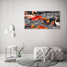 Wallmuralia Foto-obraz na skle horizontální Plameňáci a květiny 125x50 cm 2 úchytky